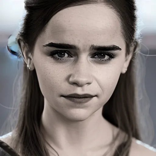 Prompt: a woman who is a genetic combination of emilia clarke and emma watson face and upper - body focus