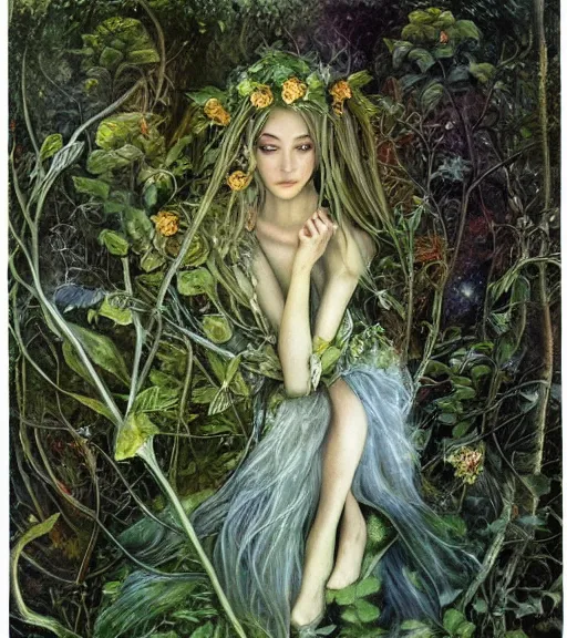 Prompt: fey queen of the summer forest, dress of leaves, fine features, thin, young, silver shimmering hair, by brian froud, stars, night colors, oil on canvas, oil panting