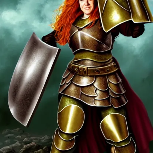 Image similar to dwarven woman, ginger hair, green eyes, holding hammer and shield with plate armour