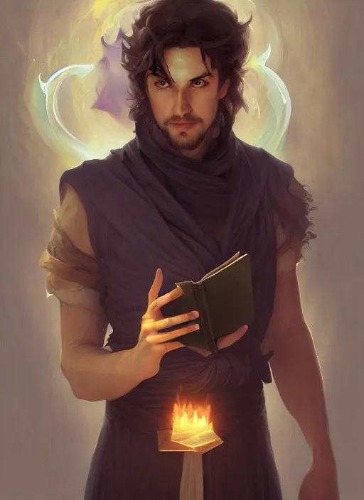 Image similar to character concept portrait of an attractive young focused Spanish wizard with pale orange skin enchanting a blazing spell, a floating iridescent spell book in the center, intricate, elegant, digital painting, concept art, smooth, sharp focus, illustration, from Metal Gear, by Ruan Jia and Mandy Jurgens and William-Adolphe Bouguereau, Artgerm