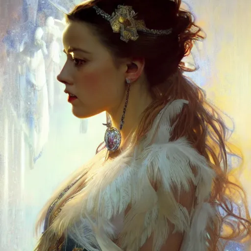 Image similar to hyperrealistic portrait of a woman as amber heard as a saint oracle wearing white swan dress long feathers and sapphire jewellery by jeremy mann and alphonse mucha, fantasy art, photo realistic, dynamic lighting, artstation, poster, volumetric lighting, very detailed faces, 4 k, award winning