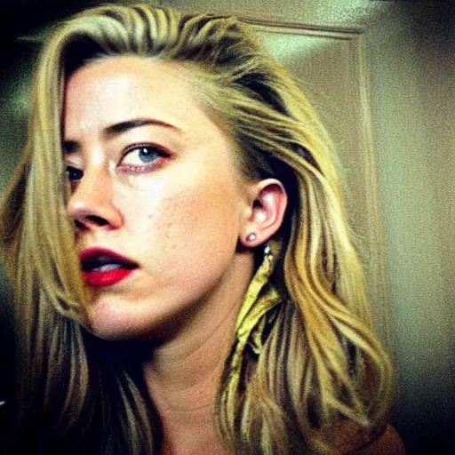 Image similar to “amber heard in shackles, crying, sad, prison clothes, distress, paparazzi photograph”