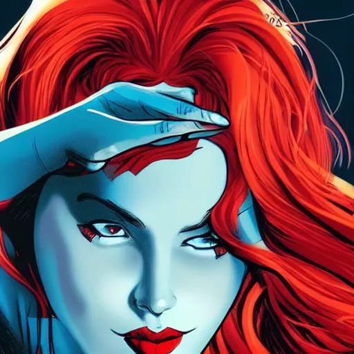 Prompt: a beautiful comic book illustration of a woman with red hair, dc comics, marvel comics, featured on artstation