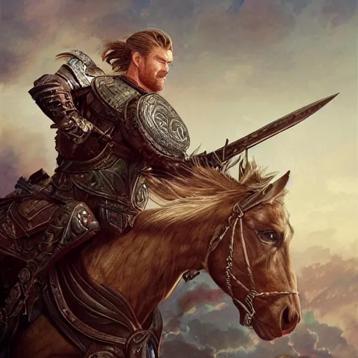 Prompt: Chris Hemsworth riding an armored warhorse into battle, D&D style, fantasy, intricate, elegant, highly detailed, digital painting, artstation, concept art, matte, sharp focus, illustration, art by Artgerm and Greg Rutkowski and Alphonse Mucha