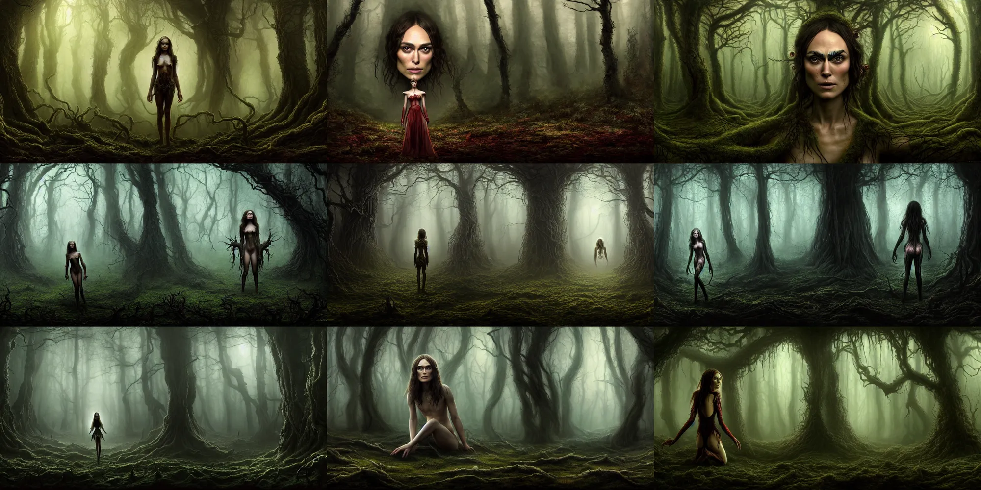 Prompt: matte oil painting of a cosmic horror monstrosity inside of an elf girl's ( portrait keira knightly ) forest, extremely detailed, disturbing, cinematic, 4 k, 8 k