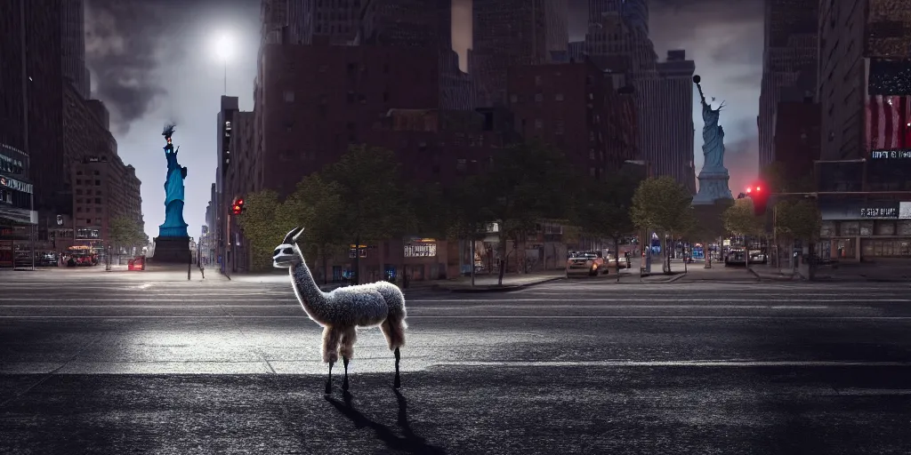 Image similar to a llama walking through a desolate manhattan city street at night, statue of liberty seen in the background, realistic 4 k octane beautifully detailed render, 4 k post - processing, highly detailed, detailed face, intricate complexity, epic composition, magical atmosphere, cinematic lighting, masterpiece, color picture, ultra hd