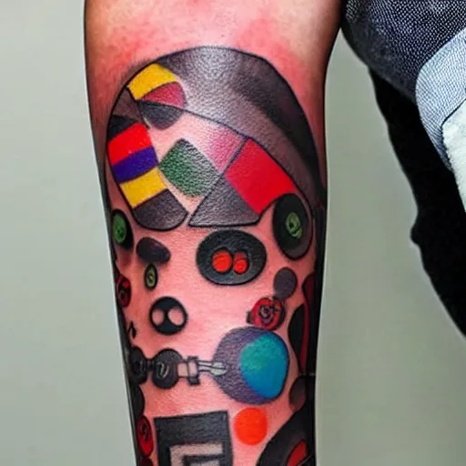 Image similar to arm tattoo of a hole in the skin with multicolored robotic mechanics inside under the skin, insanely integrate, 3 d