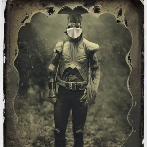 Image similar to tintype photographs of techno shamans, telepaths, dieselpunk cyborgs, masked heroes, irradiated humans, mystic mutates and monster hunters