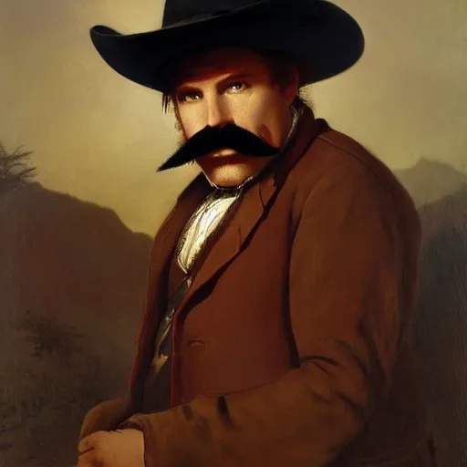 Prompt: portrait drunk cowboy red hair, big moustache, black stetson and coat, dusty backgroung, albert bierstadt