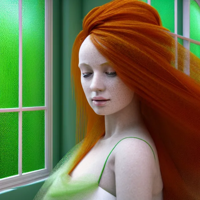 Prompt: an striking!! render of a woman with auburn hair and a white veil on her head wearing a green dress sitting in front of an open window, an ambient occlusion render, featured on zbrush central, hyper realistic art, neural pointillism, houdini, zbrush, warm earth tones, natural light, oil painting, strong brushwork