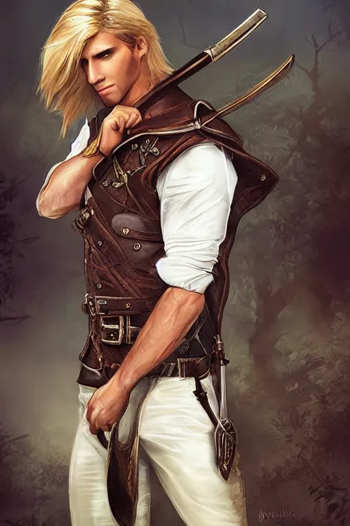 Image similar to a male ranger, dnd, with a leather vest and white linen pants, long swept back blond hair, chiseled good looks, romance novel cover, digital art