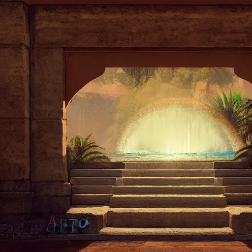 Prompt: a waterfall in the interior of a ancient arabian structure, epic retrowave art, trending on art station