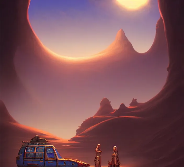 Prompt: subsurface scattering, a desert caravan rests at an azure watery oasis, the art of athas and dark sun, brom's dark sun art on a 7 0's style fantasy novel cover, digital painting by brom, amazingly detailed d & d art, concept art, intricate details, beautiful, volumetric lighting, ultrarealistic, cgsociety, artstation