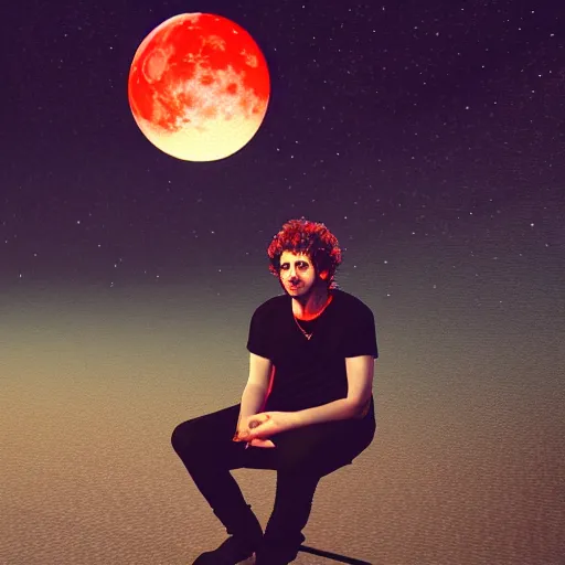 Prompt: gustavo cerati sitting on the red moon, digital art, highly detailed, render unreal engine