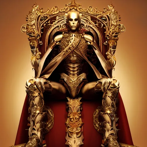 Image similar to Majestic picture of a humanoid robot wearing a kings robe, sitting on a throne, artstation