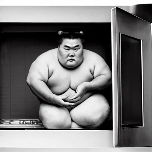 Prompt: photograph of a sumo wrestler trapped inside of a microwave