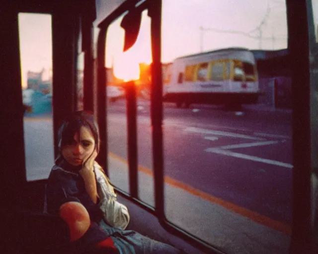 Image similar to lomo photo of shy goth girl sitting in empty bus, sunset, cinestill, bokeh