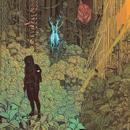 Prompt: stunningly intricate portrait of a single cyberpunk explorer in a lush forest, highly detailed, midnight, by victo ngai and afarin sajedi, moebius, laurie greasley