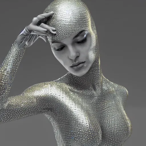 Prompt: a highly detailed digital image of a silver covered elegantly posed futuristic woman beautifully intertwined in golden liquid like leaves, full body shot, by Andrew Chiampo, artstation, and Frederik Heyman, extremely detailed woman, stunning volumetric lighting, hyper realism, fantasy 4k