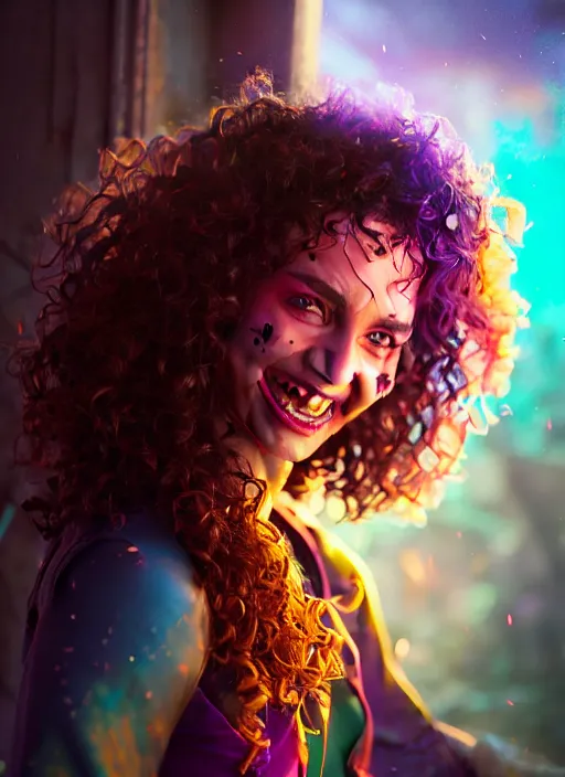 Image similar to an epic fantasy comic book style portrait painting of a girl wearing colorful makeup with a smile and curly brown hair stepping out of a doorway with light shining behind her, unreal 5, daz, hyperrealistic, octane render, cosplay, rpg portrait, dynamic lighting