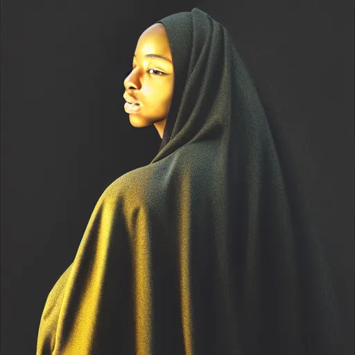 Image similar to a portrait of a young black woman wearing a long dark cloak, hood and shadows covering face, oil painting, matte painting, black background, Volumetric Golden dappled dynamic lighting, Highly Detailed, Cinematic Lighting, Unreal Engine, 8k, HD, by Beksinski