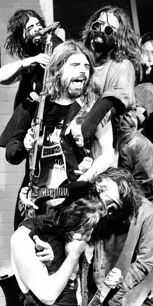 Prompt: kris noveselic sending kurt cobain out of a cannon while dave grohl keeps it cool after breaking his finger, the moon rock and roll club, new haven connecticut september 26 1991