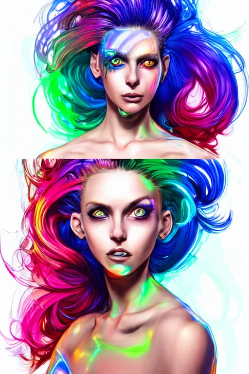 Image similar to a award winning portrait of a beautiful woman with stunning eyes in a one off shoulder croptop and cargo pants with rainbow colored hair, outlined by whirling illuminated neon lines and fine lines swirling in circles by jesper ejsing, digital art, trending on artstation