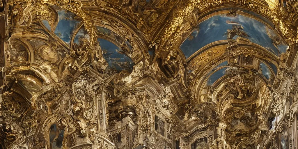 Image similar to beautiful!! ornate heavenly!! marble and gold rococo megastructure in the style of heironymus bosch, asymmetrical extremely intricate masterpiece, hyper detailed, hd