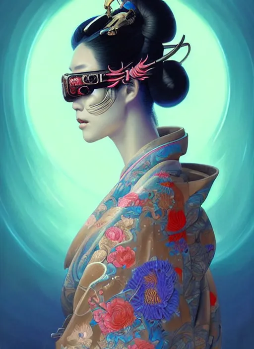 Image similar to portrait illustration of female japanese humannoid wearing a vr eyewear and very detailed and intricate geisha kimono dress, intricate detail, cyber neon lighting, highly detailed, artstation, glamor pose, concept art, art by peter mohrbacher and boris vallejo and liam wong, pinterest, artstation, digital painting,