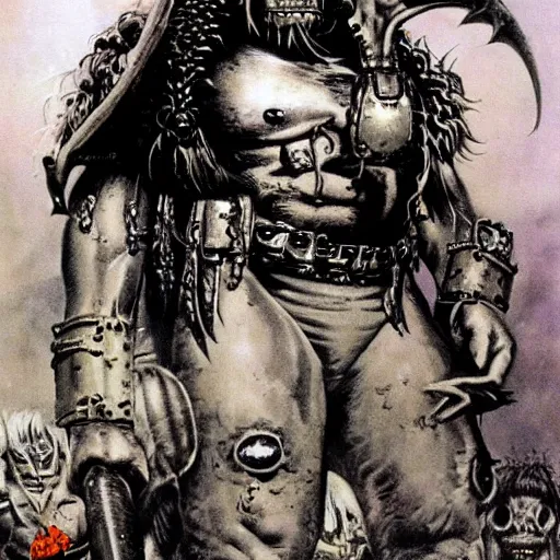 Image similar to Heavy metal Ork, Orkboy, Ork, 80s metal, mohawk, shaggy hair, New Wave of British Heavy Metal, Frank Frazetta, pulp art, illustration