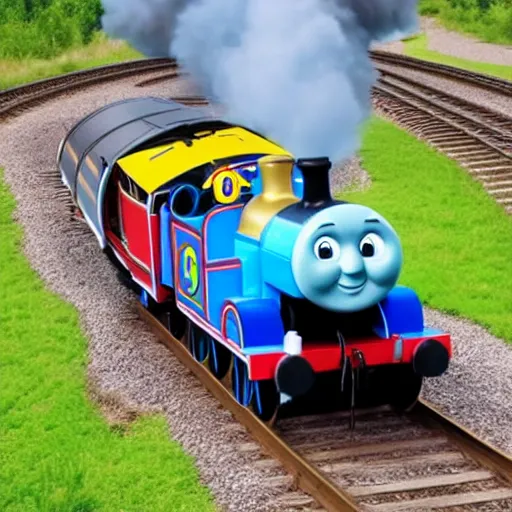 Prompt: a malevolent thomas the tank engine speeding towards a person tied to the tracks