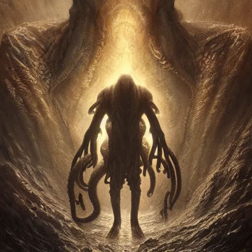 Image similar to human looking at big monstrosity portrait of Cthulhu, hyperdetailed, artstation, cgsociety, by greg rutkowski, by Gustave Dore