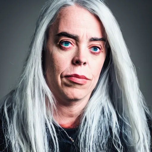 Image similar to dslr photo portrait still of 5 0 year old age 5 0 billie eilish at age 5 0!!!, 8 5 mm f 1. 8