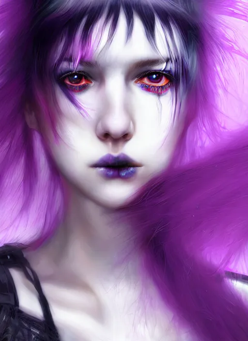 Image similar to hair whitebangs hair, black cyberlox, portrait of normal teenage girl, white bangs, messy bangs, fluffy bangs, cyberlox, whitebangs, red irises, purple background, intricate, elegant, highly detailed, digital painting, artstation, concept art, sharp focus, smooth, illustration, art by wlop, mars ravelo and greg rutkowski