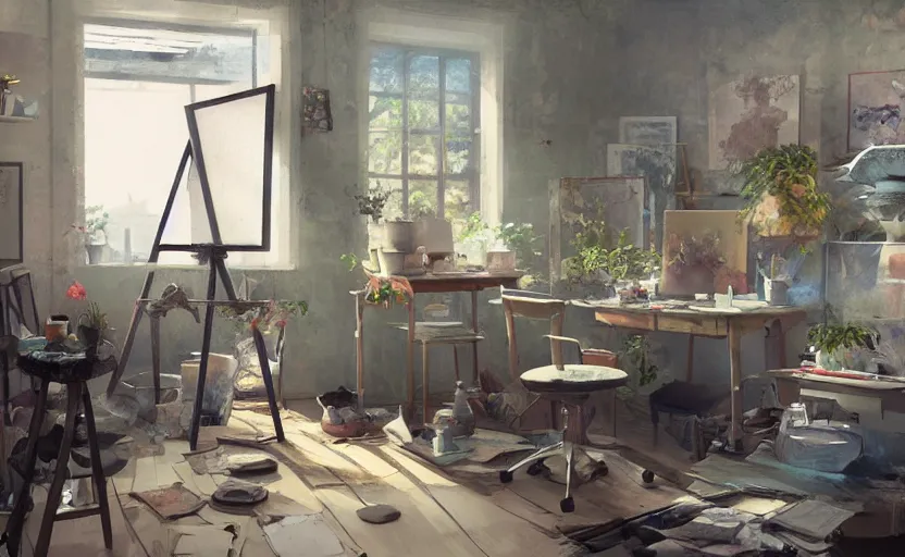 Image similar to a stylish artist studio interior, messy, many plants, drafting table, easel, painting by Craig Mullins, octane rendering, soft morning lighting, wide angle lens, low view, in the style of Hayao Miyazaki, trending on artstation,