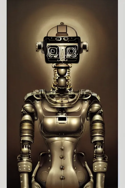 Prompt: detailed realistic oil painting portrait of a robot, baroque chiaroscuro art, digital royalty