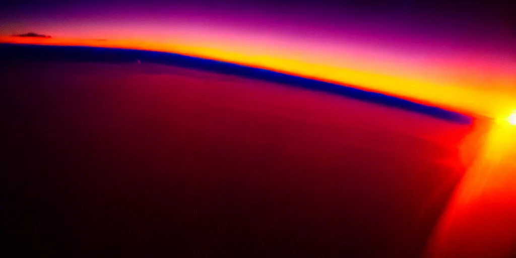 Image similar to a view of a sunset from low earth orbit, the black void of outer space is visible, photograph, space, cinematic, 4 k, detailed, satellite imagery, beautiful view, cosmic