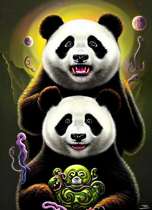 Image similar to cosmic lovecraft peasant panda portrait, pixar style, by tristan eaton stanley artgerm and tom bagshaw.