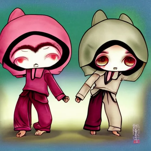 Image similar to Silat sloth dual, chibi manga art style, Japanese style, in the style of Mark Ryden, digital art