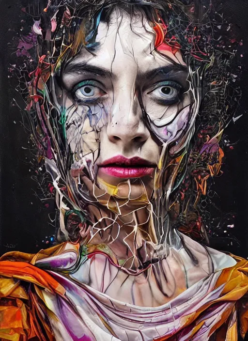 Image similar to beautiful magic psychic woman smiling, subjective consciousness psychedelic, epic surrealism expressionism symbolism story iconic, dark robed, oil painting, robe, symmetrical face, greek sculpture dark myth, by Sandra Chevrier, Nicola Samori, Harumi Hironaka masterpiece