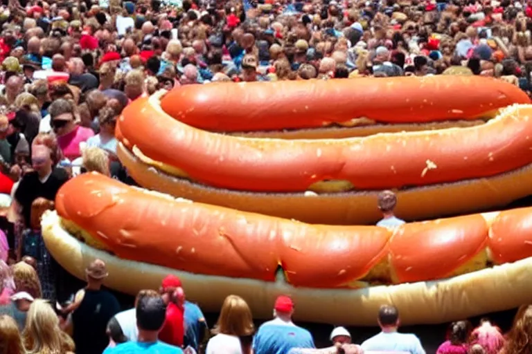 Image similar to a strangely coiled hotdog being grasped by thousands of hands