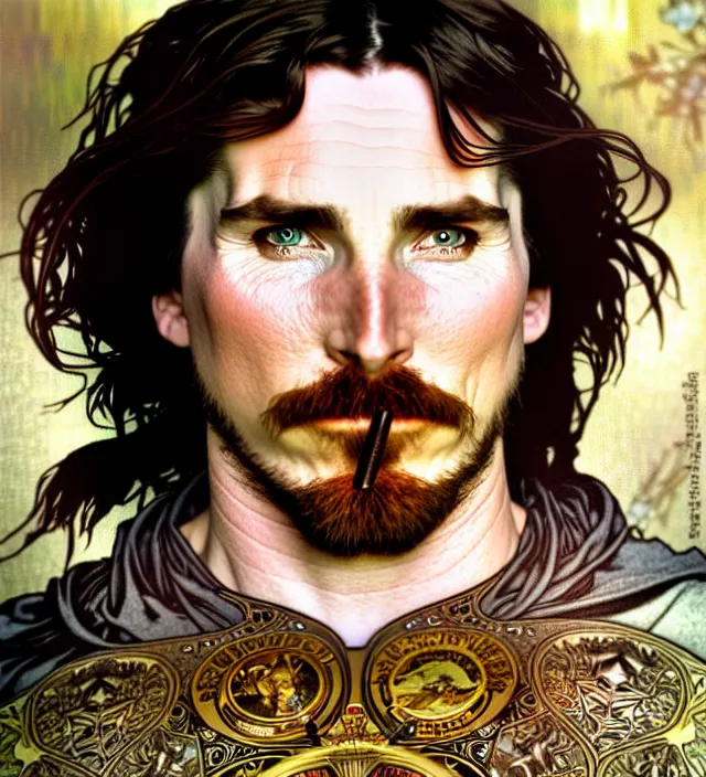 Prompt: realistic detailed face portrait of christian bale in knight's armor by alphonse mucha, ayami kojima, amano, greg hildebrandt, mark brooks, and ernst haeckel, male, golden ratio, face in focus, art nouveau, neo - gothic, gothic, neoclassical,