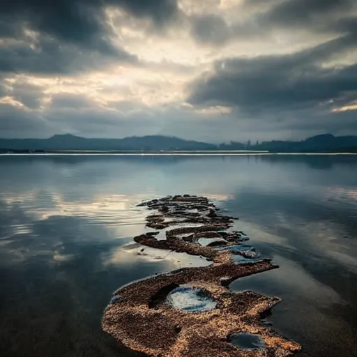 Image similar to dslr photo of a large lake with ripples from a pebble skimming across the water, full bodied portrait, artgerm, artstation, very high quality effects, intricate details,, extremely high quality, moody lighting, real camera, real photo, photography by deviantart, 8 k, full subject in shot