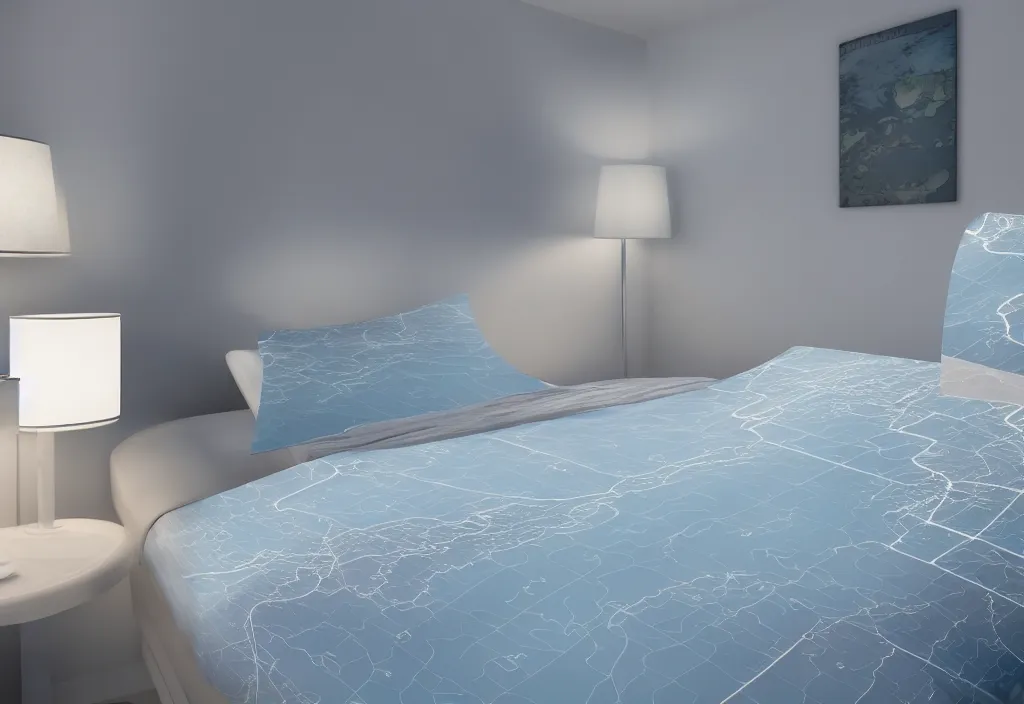 Prompt: curved translucent bedsheets with detailed florida storm weathermap, pixel perfect photograph, high contrast, volumetric lighting, thin glowing lights, bedroom, visor, users, pair of keycards on table