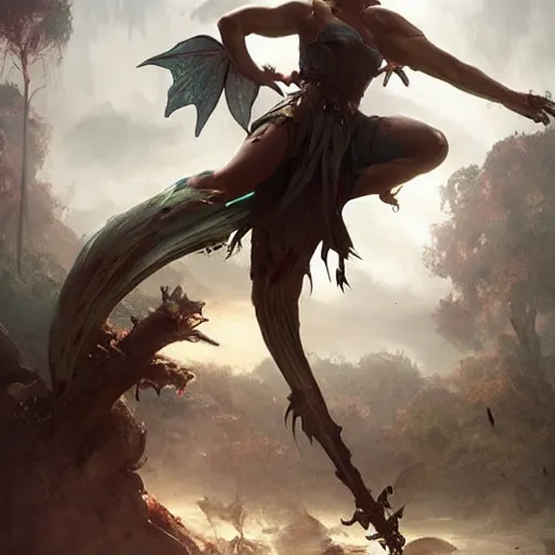 Image similar to scary godlike fairy killing a frog , muscular , upper body , epic , traditional makeup , gorgeous features , Post-processing , low angle , Greg rutkowski legendary matte painting , masterpiece