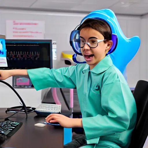 Image similar to A dolphin wearing a chemist outfit playing games on a computer