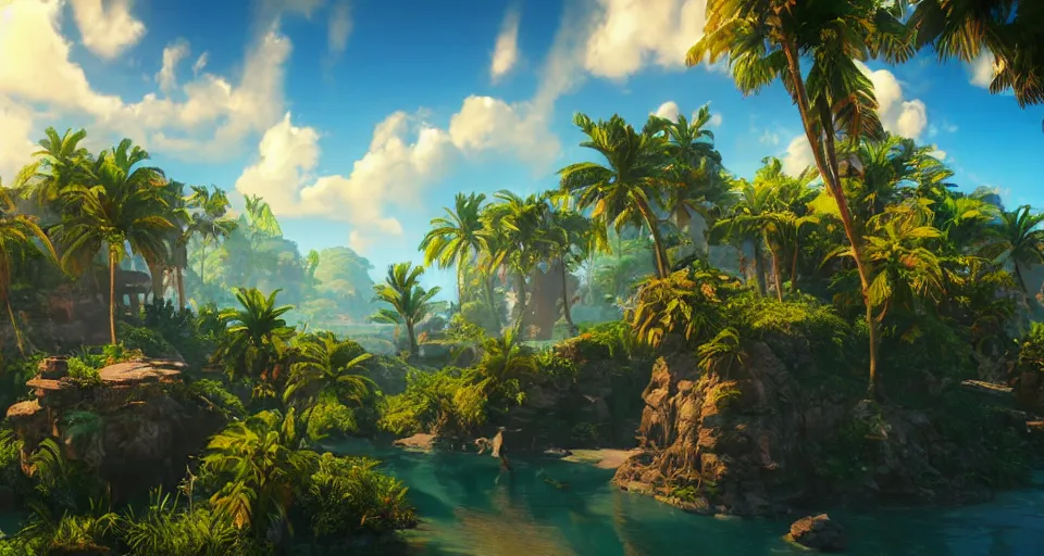 Prompt: An epic fantasy style painting of a sunny tropical paradise, unreal 5, DAZ, hyperrealistic, octane render, volumetric clouds dynamic lighting