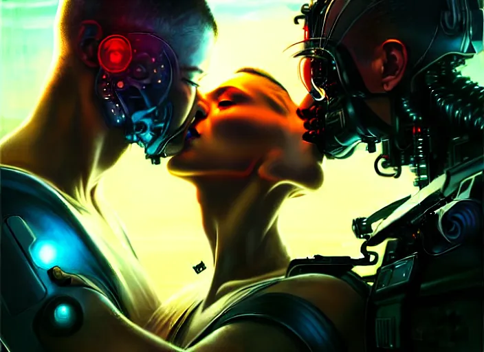 Image similar to cyberpunk, sci - fi, fantasy, hyper realistic ultra realistic medium shot of a couple of cyborgs kissing, lovers, artstation, soft light, volumetric lighting, night, intricate, highly detailed, digital painting, concept art, smooth, sharp focus, illustration, art by artgerm and greg rutkowski and alphonse mucha