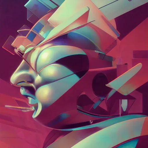 Image similar to scifi futurism automaton minimalism chrome by peter mohrbacher art Hajime Sorayama airbrush hyperrealism model abstract shatter fragments cubism futurism pastel blue soft flat minimal minimalism portrait face jackson pollock ukiyo-e lithograph mark ruthko swirl escape noise shimmer glow paint