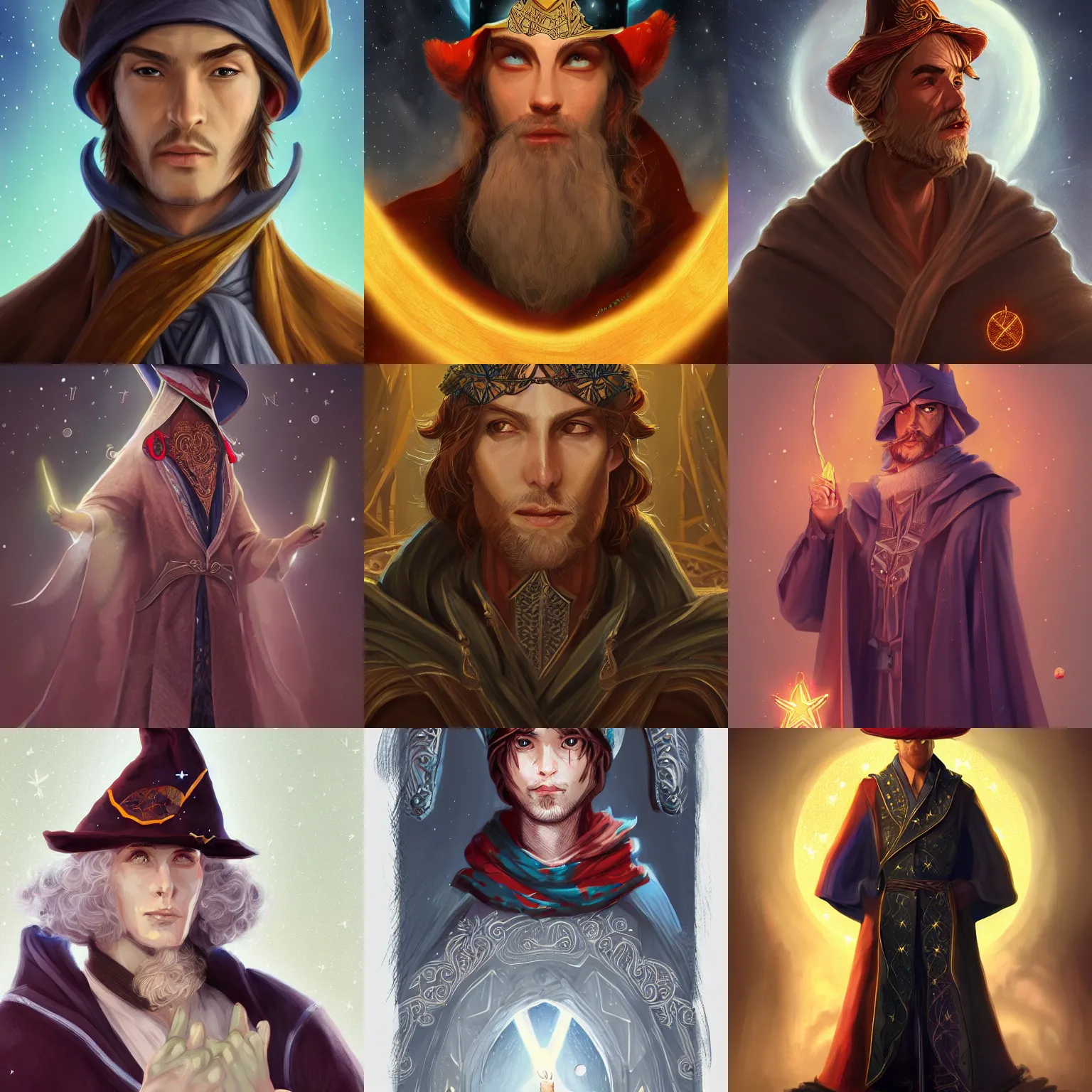 Prompt: adult wizard wearing abyzentine hat and a robe with star and moon pattern, handsome face, fantasy, intricate, elegant, highly detailed, digital painting, artstation, concept art, matte, illustration